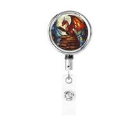Metal Retractable Badge Reel,Majestic Red Dragon Reading Books Badge Holder Rotating Id Card Hang Key Chain for Nurse Doctor Teacher Office