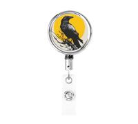 Metal Retractable Badge Reel,Mysterious Crow On Branch Badge Holder Rotating Id Card Hang Key Chain for Nurse Doctor Teacher Office
