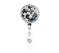 Metal Retractable Badge Reel,Navy Blue and Cream Flowers Pattern Badge Holder Rotating Id Card Hang Key Chain for Nurse Doctor Teacher Office
