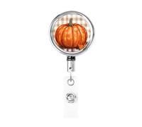 Metal Retractable Badge Reel,Orange Pumpkin with Autumn Leave Badge Holder Rotating Id Card Hang Key Chain for Nurse Doctor Teacher Office