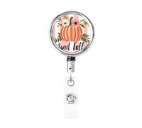 Metal Retractable Badge Reel,Pink White Striped Sweet Fall Pumpkin Badge Holder Rotating Id Card Hang Key Chain for Nurse Doctor Teacher Office