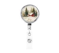 Metal Retractable Badge Reel,Red House in The Snow Christmas Badge Holder Rotating Id Card Hang Key Chain for Nurse Doctor Teacher Office