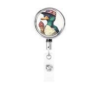 Metal Retractable Badge Reel,Retro Mallard Wearing American Flag Hat Badge Holder Rotating Id Card Hang Key Chain for Nurse Doctor Teacher Office