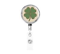 Metal Retractable Badge Reel,Simple Golden Four-Leaf Clover Green Grass Badge Holder Rotating Id Card Hang Key Chain for Nurse Doctor Teacher Office