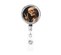 Metal Retractable Badge Reel,Skeleton Making The Peace Sign Badge Holder Rotating Id Card Hang Key Chain for Nurse Doctor Teacher Office