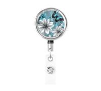 Metal Retractable Badge Reel,Soft Floral Daisies Butterflies Turquoise Blue Badge Holder Rotating Id Card Hang Key Chain for Nurse Doctor Teacher Office