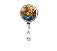Metal Retractable Badge Reel,Stained Glass Colorful Flowers Blue Vase Badge Holder Rotating Id Card Hang Key Chain for Nurse Doctor Teacher Office