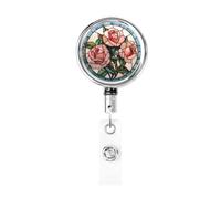 Metal Retractable Badge Reel,Stained Glass Three Delicate Pink Roses Badge Holder Rotating Id Card Hang Key Chain for Nurse Doctor Teacher Office