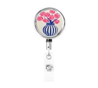 Metal Retractable Badge Reel,Striped Vase with Pink Tulips Badge Holder Rotating Id Card Hang Key Chain for Nurse Doctor Teacher Office