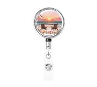Metal Retractable Badge Reel,Sunset Beach Two Wooden Chairs Ocean Badge Holder Rotating Id Card Hang Key Chain for Nurse Doctor Teacher Office