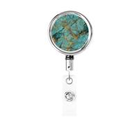 Metal Retractable Badge Reel,Turquoise Gemstone Texture Gold Veins Badge Holder Rotating Id Card Hang Key Chain for Nurse Doctor Teacher Office