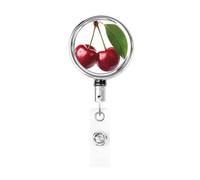 Metal Retractable Badge Reel,Two Red Cherries with Leaves Badge Holder Rotating Id Card Hang Key Chain for Nurse Doctor Teacher Office