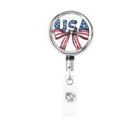 Metal Retractable Badge Reel,USA Text Bow American Flag Color Badge Holder Rotating Id Card Hang Key Chain for Nurse Doctor Teacher Office