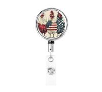 Metal Retractable Badge Reel,Vintage Chickens with American Flag Pattern Badge Holder Rotating Id Card Hang Key Chain for Nurse Doctor Teacher Office