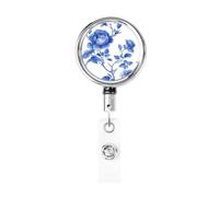 Metal Retractable Badge Reel,Vintage China Blue Rose Pattern Minimal Badge Holder Rotating Id Card Hang Key Chain for Nurse Doctor Teacher Office