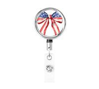 Metal Retractable Badge Reel,Watercolor American Flag Coquette Bow Badge Holder Rotating Id Card Hang Key Chain for Nurse Doctor Teacher Office