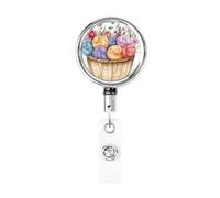 Metal Retractable Badge Reel,Watercolor Basket of Colorful Yarn Floral Badge Holder Rotating Id Card Hang Key Chain for Nurse Doctor Teacher Office