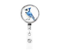 Metal Retractable Badge Reel,Watercolor Blue Bird Badge Holder Rotating Id Card Hang Key Chain for Nurse Doctor Teacher Office