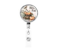 Metal Retractable Badge Reel,Watercolor Pumpkins Leaves Bird Hello Fall Badge Holder Rotating Id Card Hang Key Chain for Nurse Doctor Teacher Office