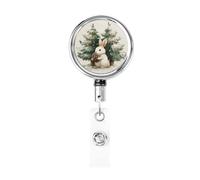 Metal Retractable Badge Reel,White Rabbit Holding Pine Cone Watercolor Badge Holder Rotating Id Card Hang Key Chain for Nurse Doctor Teacher Office