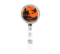Metal Retractable Badge Reel,Witch On Broom Flying Haunted House Badge Holder Rotating Id Card Hang Key Chain for Nurse Doctor Teacher Office