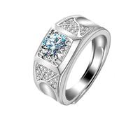 Metal Rings for Men Vintage Wedding Band White Gold 18K Lab Diamond Wide Geometric 4 Prong Round 1Ct Cubic Zirconia Size S 1/2 Fashion for Uncle Cocktail Jewelry