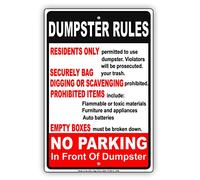 Metal Road Sign Dumpster Rules Residents Only Security Bag Prohibited Items Empty Boxes No Parking In Front Of Dumpster Warning Notice Tin Metal Tin Sign Plate Warning Sign 12" X 8"