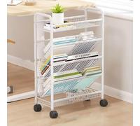 Metal Rolling Book Cart, Mobile Utility Storage Trolley on Wheels, Easy Assembly Desk Organizer and Corner Display Shelf