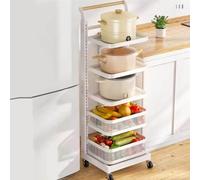 Metal Rolling Storage Cart - Kitchen Microwave Shelf Rack - 5 Tier nizer with 3 Baskets - White Kitchen Trolley for Pots and Cookware Storage