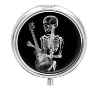 Metal Round Pill Box 3 Compartment, Cute Portable Travel Pill Organizer Small Abstract X-ray Skull Skeleton Playing Guitar Pill Case for Pocket Purse Pill Container Medicine Organizer Box Daily Vitami