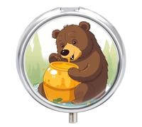 Metal Round Pill Box 3 Compartment, Cute Portable Travel Pill Organizer Small Bear Eats Honey Pill Case for Pocket Purse Pill Container Medicine Organizer Box Daily Vitamin Holder