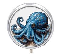 Metal Round Pill Box 3 Compartment, Cute Portable Travel Pill Organizer Small Blue Octopus Pill Case for Pocket Purse Pill Container Medicine Organizer Box Daily Vitamin Holder