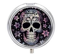 Metal Round Pill Box 3 Compartment, Cute Portable Travel Pill Organizer Small Cool Skull Pill Case for Pocket Purse Pill Container Medicine Organizer Box Daily Vitamin Holder