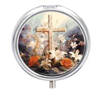 Metal Round Pill Box 3 Compartment, Cute Portable Travel Pill Organizer Small Easter Cross Art Pill Case for Pocket Purse Pill Container Medicine Organizer Box Daily Vitamin Holder