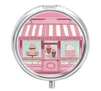 Metal Round Pill Box 3 Compartment, Cute Portable Travel Pill Organizer Small Ice Cream Store Pink Pill Case for Pocket Purse Pill Container Medicine Organizer Box Daily Vitamin Holder