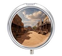 Metal Round Pill Box 3 Compartment, Cute Portable Travel Pill Organizer Small Old Wild West Cowboy Town Pill Case for Pocket Purse Pill Container Medicine Organizer Box Daily Vitamin Holder