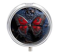 Metal Round Pill Box 3 Compartment, Cute Portable Travel Pill Organizer Small Red Butterfly Pill Case for Pocket Purse Pill Container Medicine Organizer Box Daily Vitamin Holder