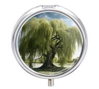 Metal Round Pill Box 3 Compartment, Cute Portable Travel Pill Organizer Small Willow Tree Pill Case for Pocket Purse Pill Container Medicine Organizer Box Daily Vitamin Holder