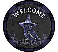 Metal Round Tin Signswelcome Blue Owl Wreath Center Wreath Attachment Antique Tin Sign Metal Sign Halloween Decor Christmas Decor Stranger Things Posters Wall Decor 12x12 Inch