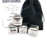 Metal RPG Dice Set - Premium Quality Stainless Steel, Includes 4 Dice, Storage Box, Velvet Bag & Manual, Engraved with Scenarios, Weather, Magic & Mounts