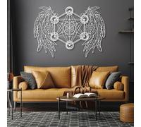Metal Sacred Geometry Angel Wings Wall Art, Metal Metatron Cube Artwork Decoration, Spiritual Artwork Home Decor for Living Room,Bedroom Hallway and Stairs Nature Home Decor Gift (White