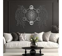 Metal Sacred Geometry Angel Wings Wall Art, Metal Metatron Cube Artwork Decoration, Spiritual Artwork Home Decor for Living Room,Bedroom Hallway and Stairs Nature Home Decor Gift (Silve