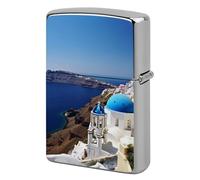 Metal Santorini Greek Sea View Lighter Case Windproof Flip Top Lighter Sleeve Double Sided Vintage Cool Cigarette Pouch Holder Reusable Pocket Protective Cover Men Gifts for Boyfriend Husband