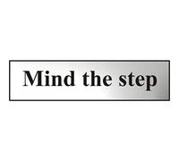 Metal Self Adhesive Sign - Mind the step - Silver with Black Text - 200mm x 50mm