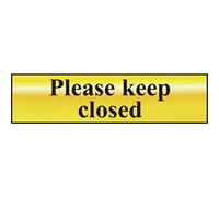 Metal Self Adhesive Sign - Please keep closed - Gold with Black Text - 200mm x 50mm
