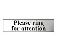 Metal Self Adhesive Sign - Please ring for attention - Silver with Black Text - 200mm x 50mm