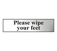Metal Self Adhesive Sign - Please wipe your feet - Silver with Black Text - 200mm x 50mm
