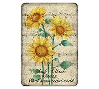 Metal Sign And I Think To Myself What A Wonderful World Tin Sign Vintage Farmhouse Sunflowers Floral Shabby Sheet Music Metal Plaque Durable Wall Art Decorative for Bar Garden 8x12in