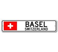 Metal Sign Basel, Switzerland - Swiss Flag Street Sign Aluminum Tin Signs Gifts for Home Kitchen Coffee Bar Farm Wall Art Decor, 4X16 Inch