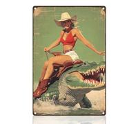 Metal Sign Cowgirl Riding Alligator Pin Up Women Wear-Resistant And Durable Iron Signs Not Easy To Deform Posteration For Kitchen Living Garden 20X30Cm